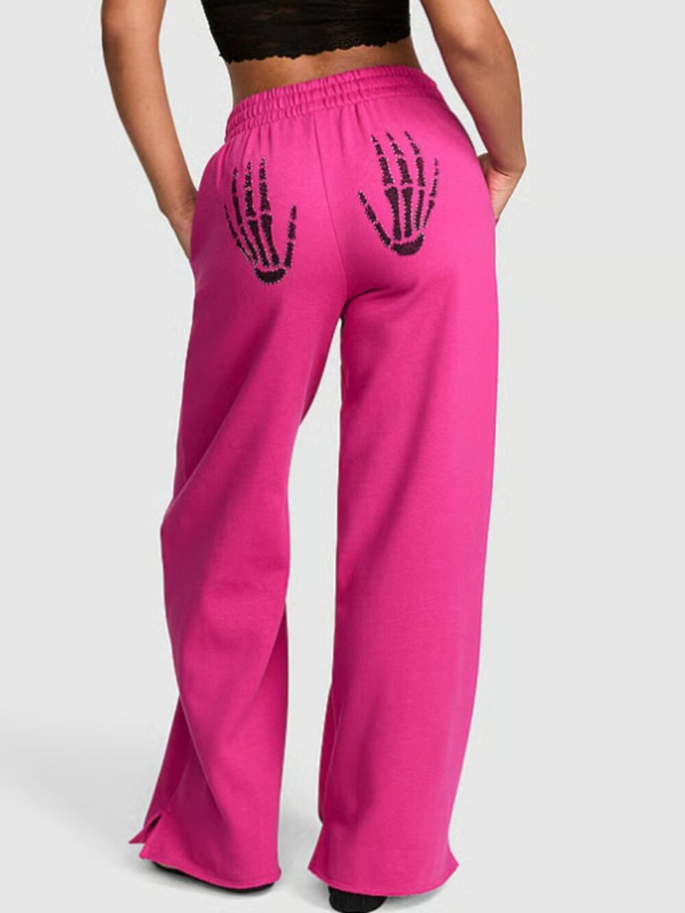 ☠️💀 PINK Halloween Skeleton Hands Campus Fleece Wide-Leg Sweatpants - NWT